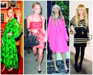 bohochicnicole-richie-looks-boho-chic-in-green-vintage-thea-porter-a-red-cocktail-dress-hot-pink-emilio-pucci-and-black-tights-