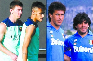 À esquerda: Messi / Neymar. À direita: Careca / Maradona