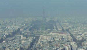 A general view shows the Eiffel tower and the Paris skyline through a small-particle haze resulting in a high level air pollution